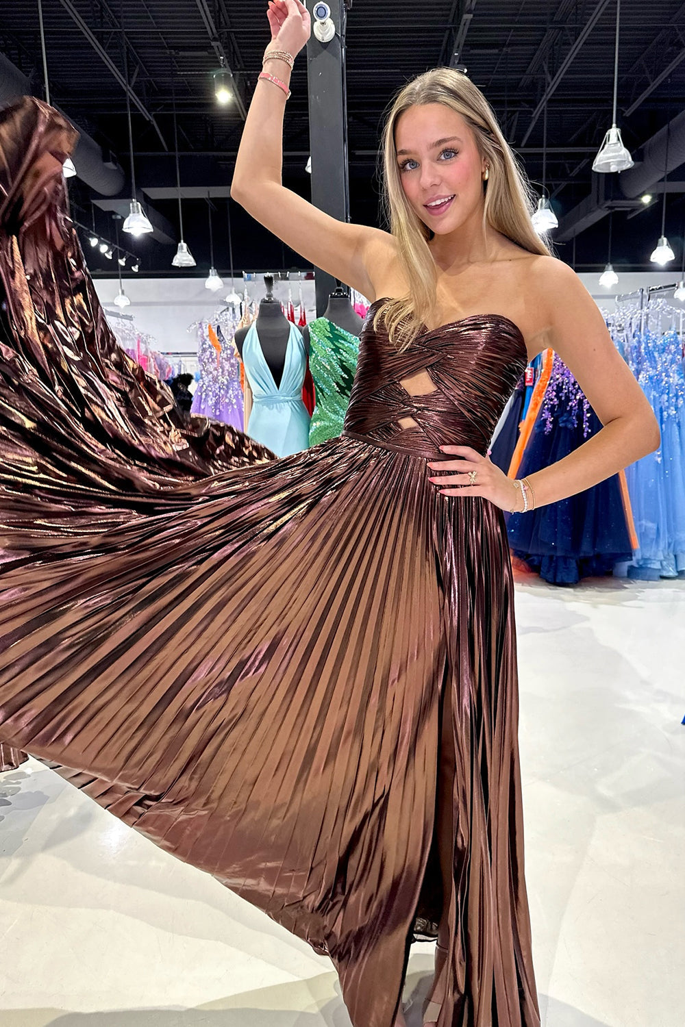 A Line Purple Prom Dress Sweetheart Metallic Pleated Long Evening Dress with Slit