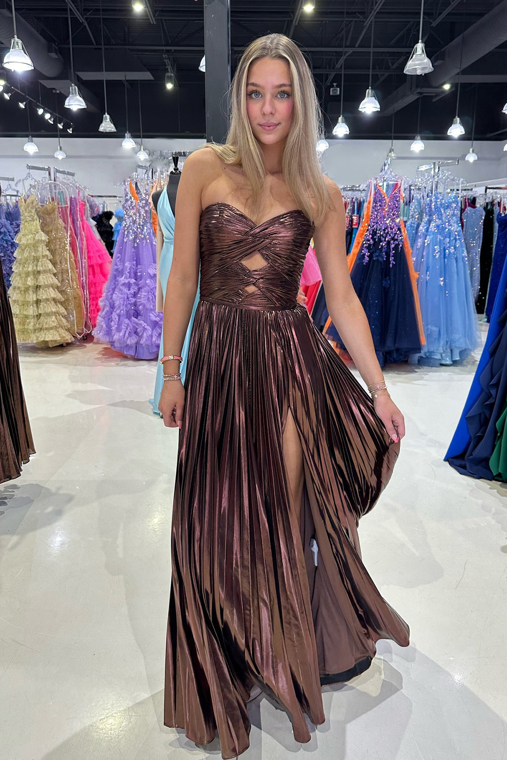 A Line Purple Prom Dress Sweetheart Metallic Pleated Long Evening Dress with Slit