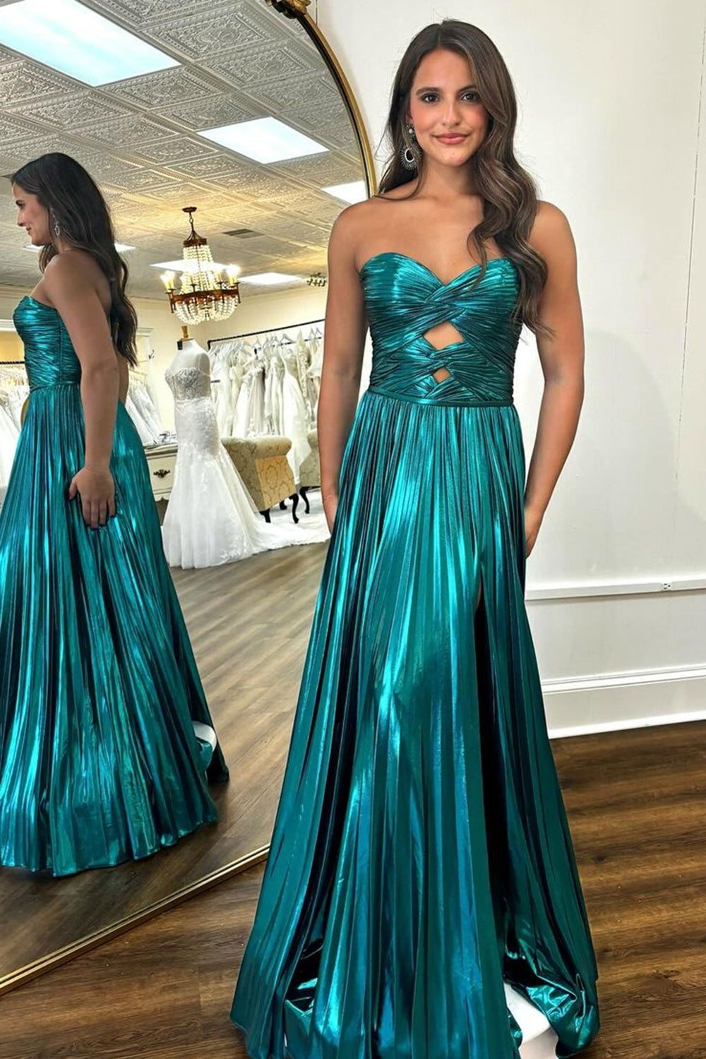 A Line Purple Prom Dress Sweetheart Metallic Pleated Long Evening Dress with Slit