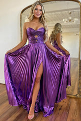 A Line Purple Prom Dress Sweetheart Metallic Pleated Long Evening Dress with Slit