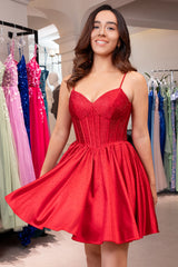 A Line Red Homecoming Dress Spaghetti Straps Corset Short Prom Dress with Beading