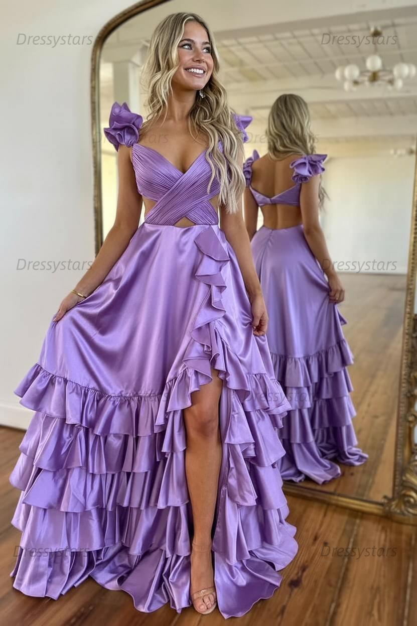 A Line Red Prom Dress Hollow Out Tiered Satin Long Evening Dress with Ruffles