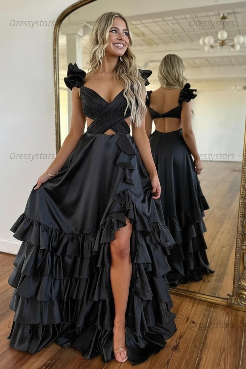 A Line Red Prom Dress Hollow Out Tiered Satin Long Evening Dress with Ruffles