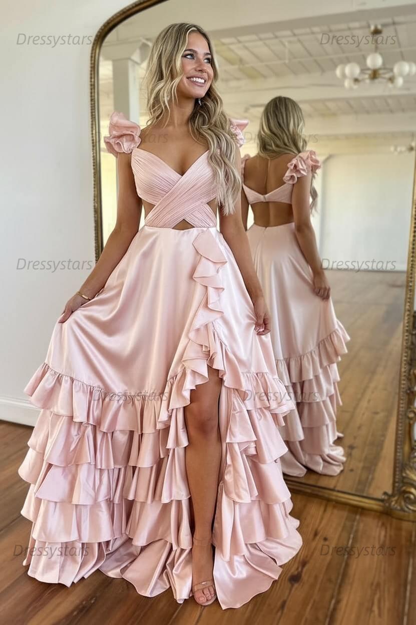 A Line Red Prom Dress Hollow Out Tiered Satin Long Evening Dress with Ruffles