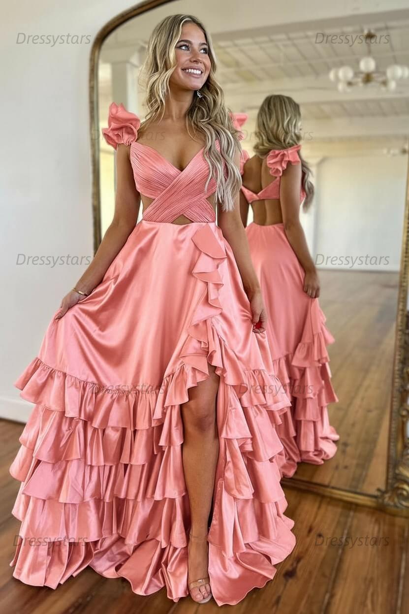 A Line Red Prom Dress Hollow Out Tiered Satin Long Evening Dress with Ruffles