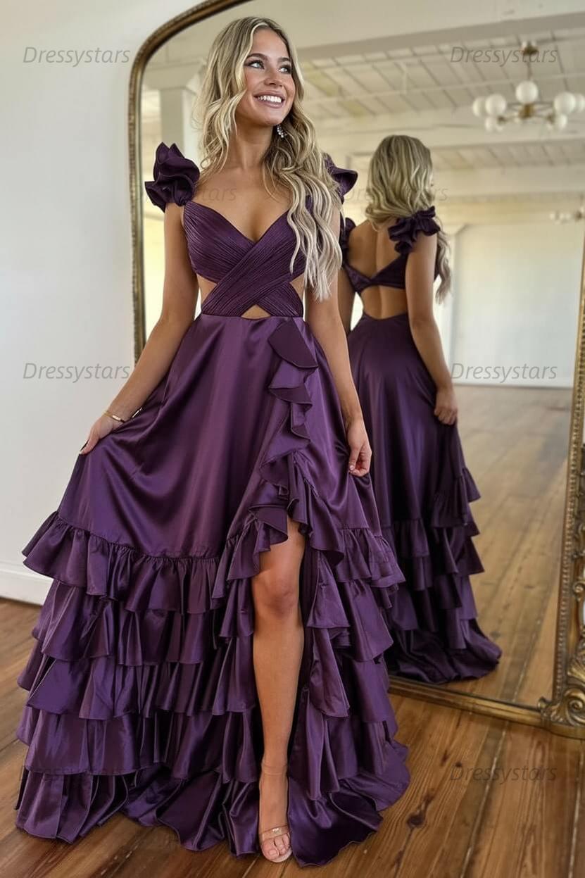 A Line Red Prom Dress Hollow Out Tiered Satin Long Evening Dress with Ruffles