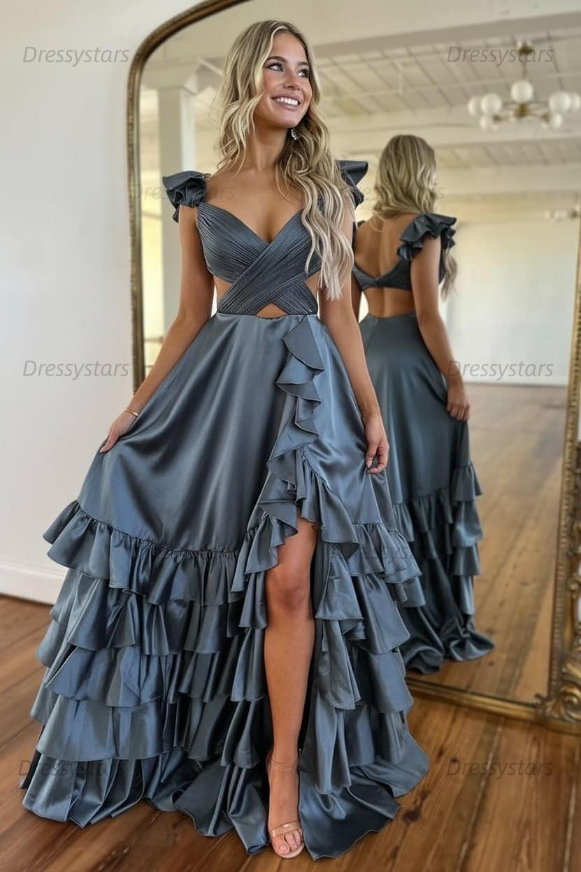 A Line Red Prom Dress Hollow Out Tiered Satin Long Evening Dress with Ruffles