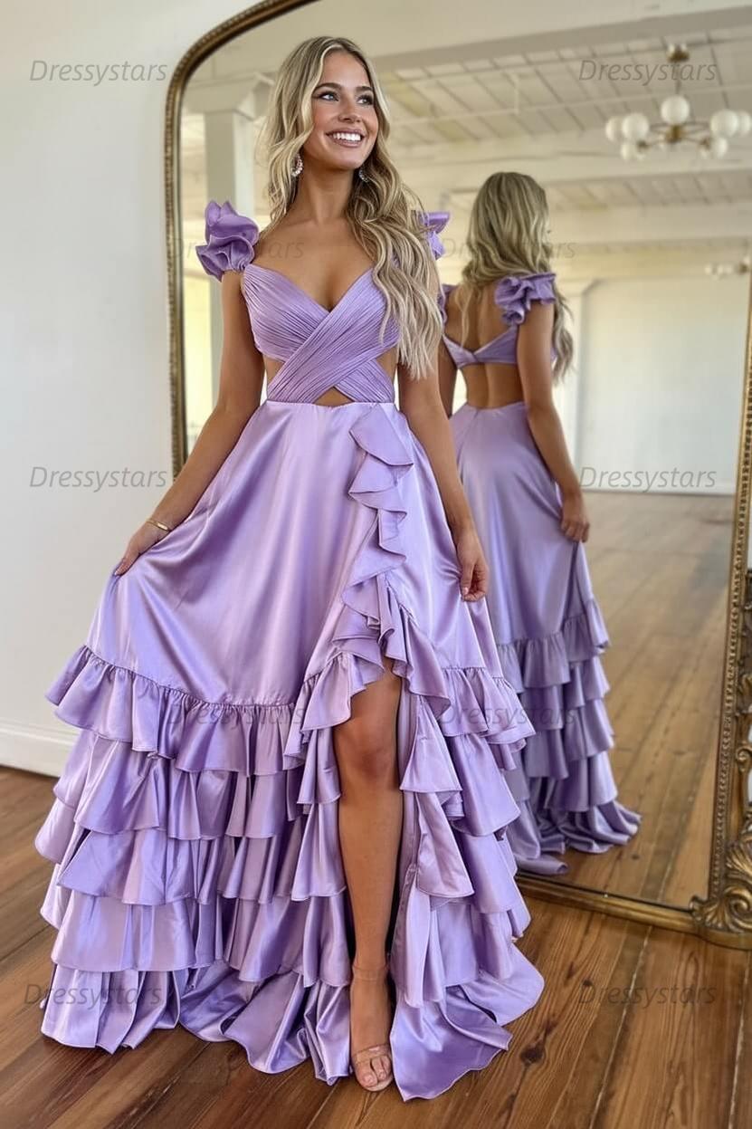 A Line Red Prom Dress Hollow Out Tiered Satin Long Evening Dress with Ruffles