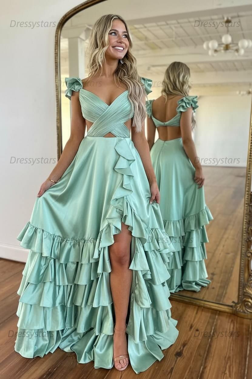 A Line Red Prom Dress Hollow Out Tiered Satin Long Evening Dress with Ruffles