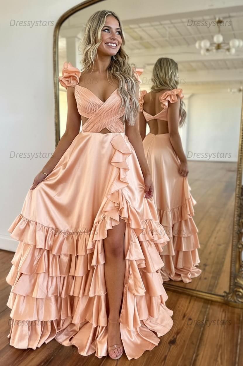 A Line Red Prom Dress Hollow Out Tiered Satin Long Evening Dress with Ruffles