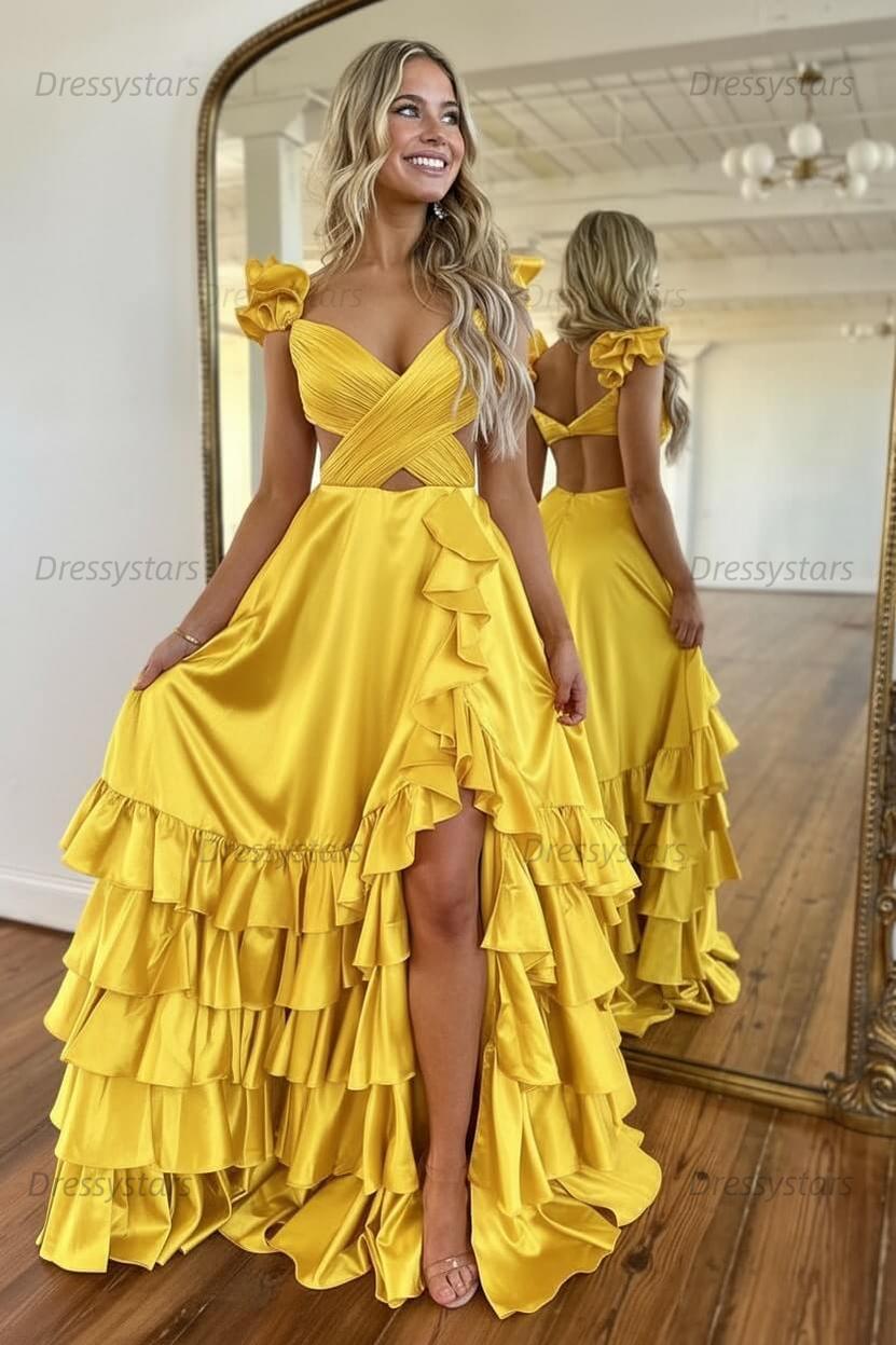 A Line Red Prom Dress Hollow Out Tiered Satin Long Evening Dress with Ruffles