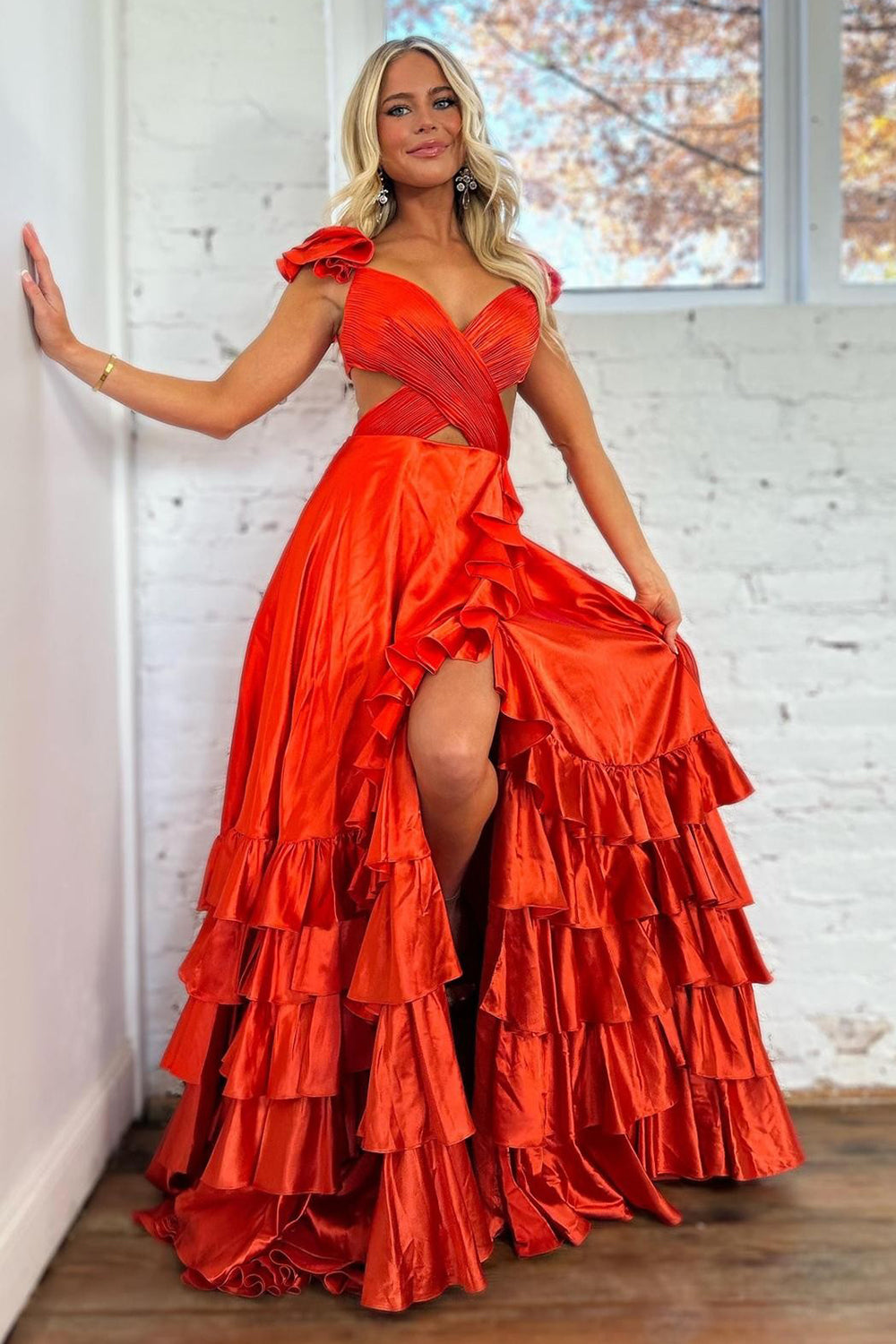 A Line Red Prom Dress Hollow Out Tiered Satin Long Evening Dress with Ruffles