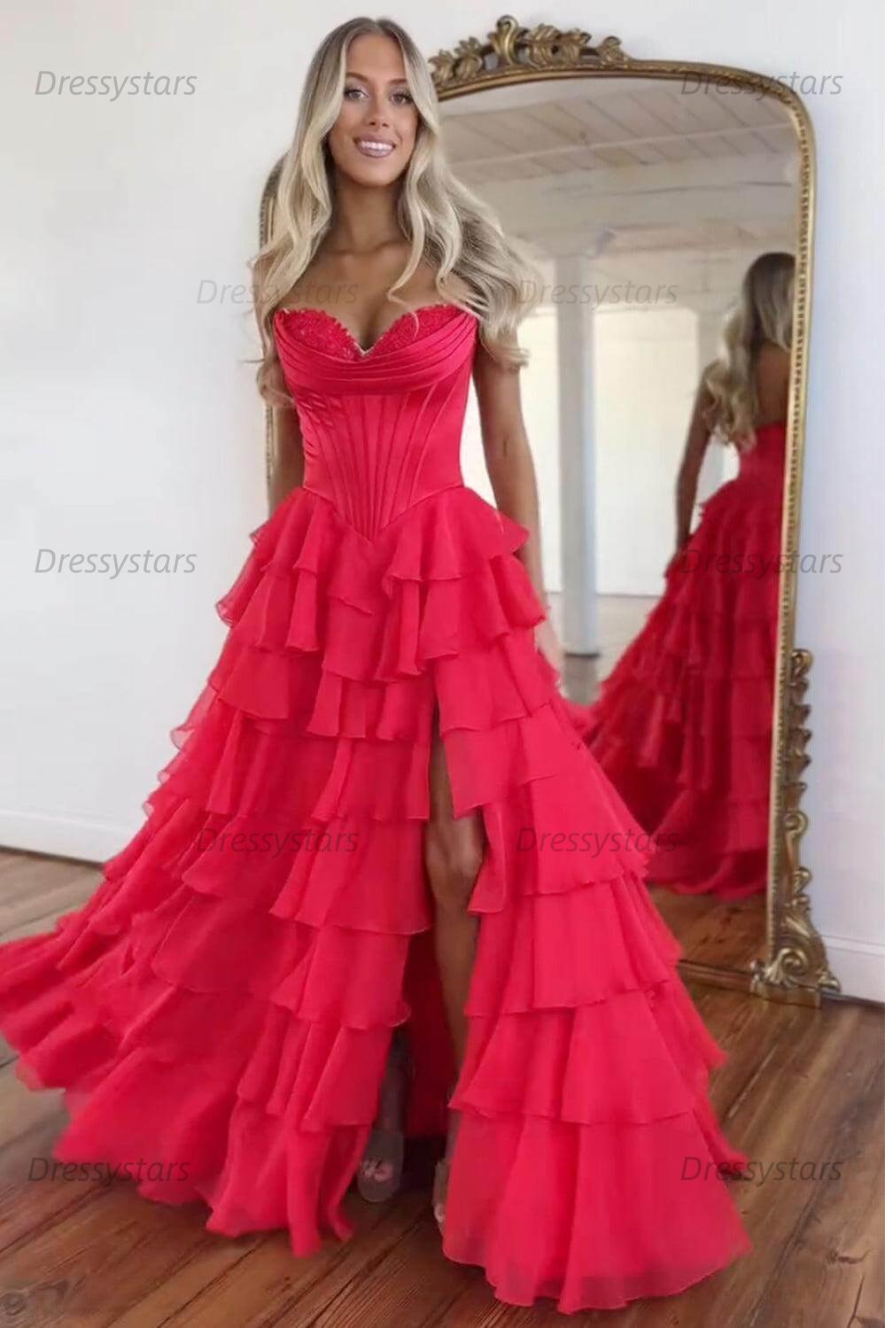 A Line Prom Dress Blue Strapless Tiered Corset Long Evening Dress