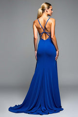 A Line Royal Blue Wedding Guest Dress Long Chiffon Formal Dress With Beading
