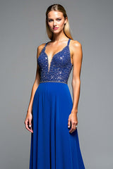 A Line Royal Blue Wedding Guest Dress Long Chiffon Formal Dress With Beading