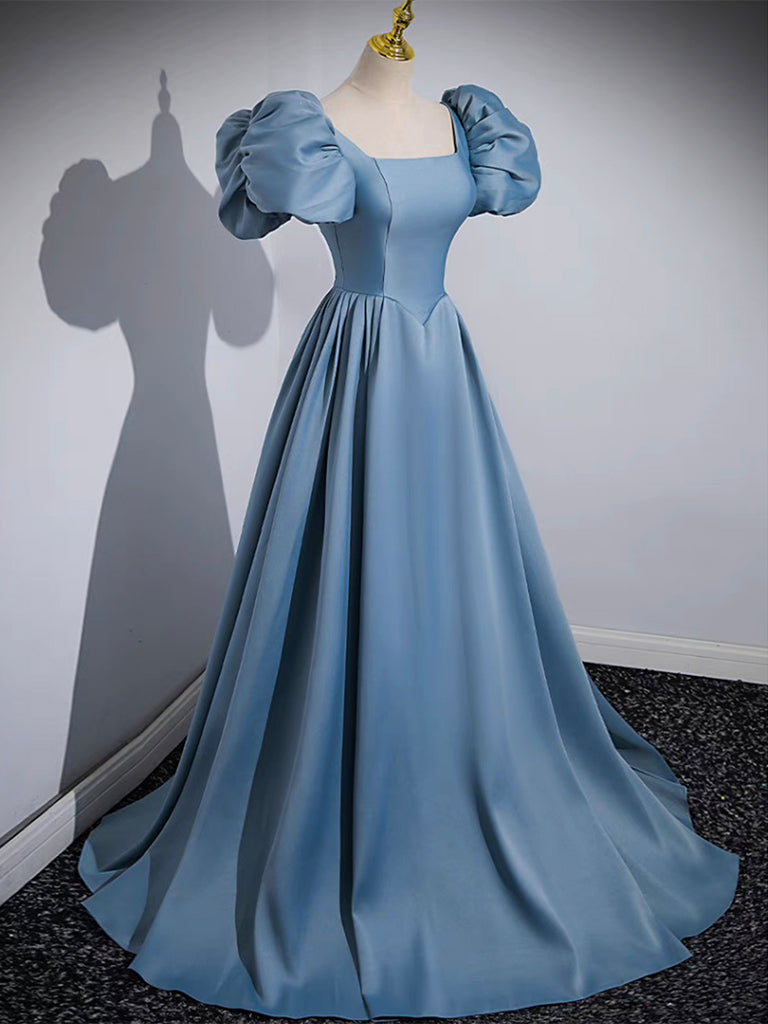 A Line Satin Blue Prom Dress Long Formal Gown Evening Dress