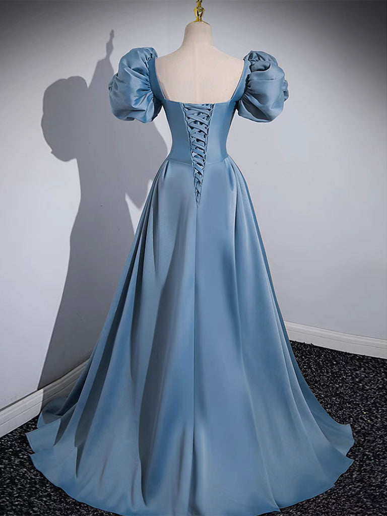 A Line Satin Blue Prom Dress Long Formal Gown Evening Dress