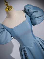 A Line Satin Blue Prom Dress Long Formal Gown Evening Dress