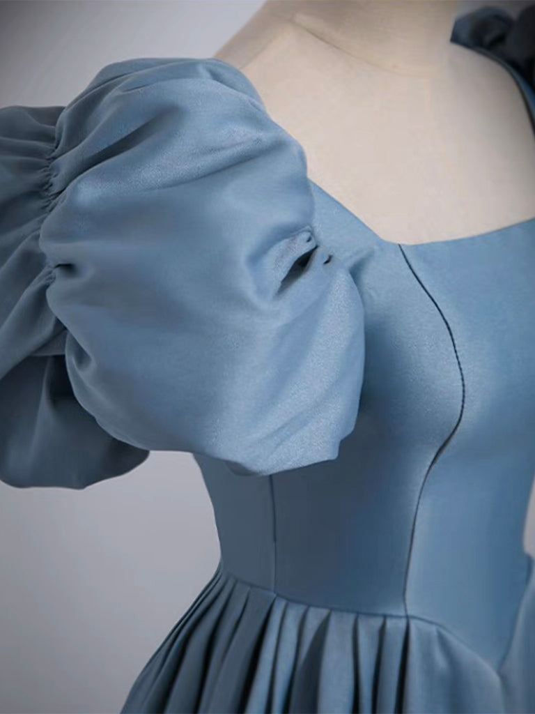 A Line Satin Blue Prom Dress Long Formal Gown Evening Dress