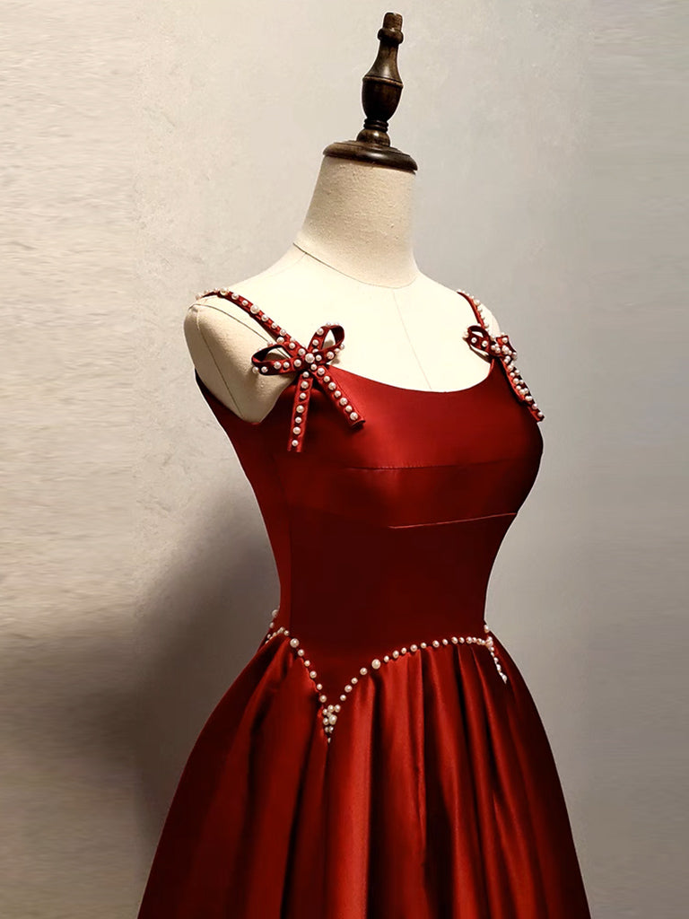 A Line Satin Burgundy Prom Dress Long Formal Dress Evening Dress