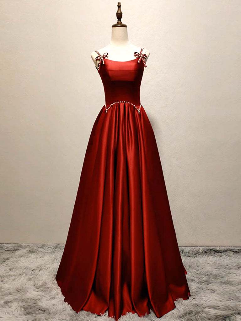 A Line Satin Burgundy Prom Dress Long Formal Dress Evening Dress