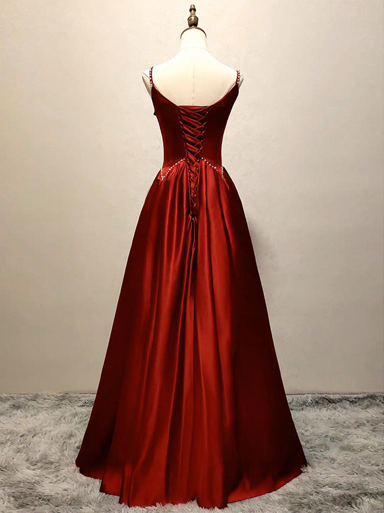 A Line Satin Burgundy Prom Dress Long Formal Dress Evening Dress