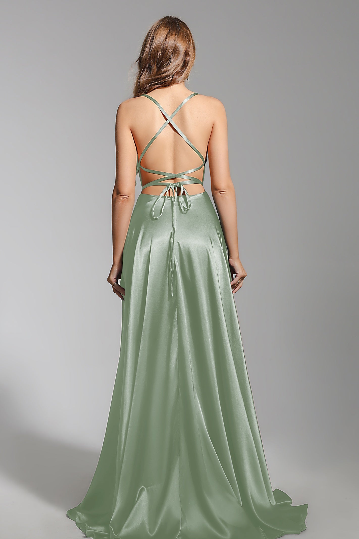 A Line Satin Prom Dress Spaghetti Straps Wedding Guest Dress with Slit