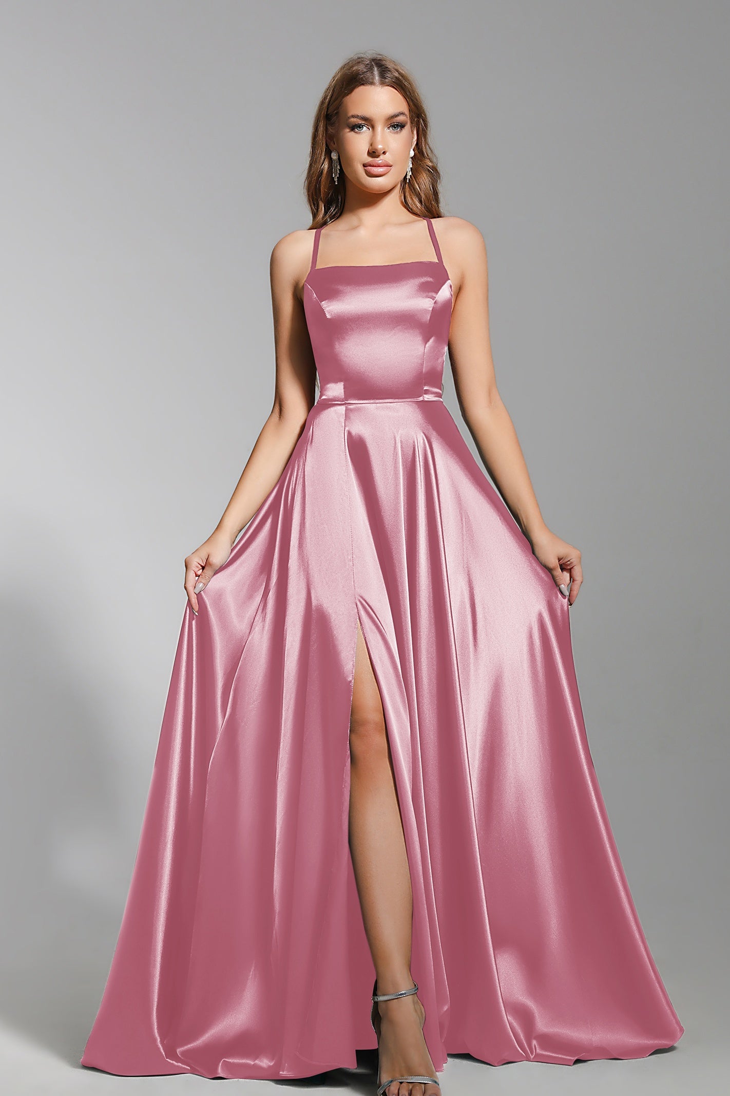 A Line Satin Prom Dress Spaghetti Straps Wedding Guest Dress with Slit
