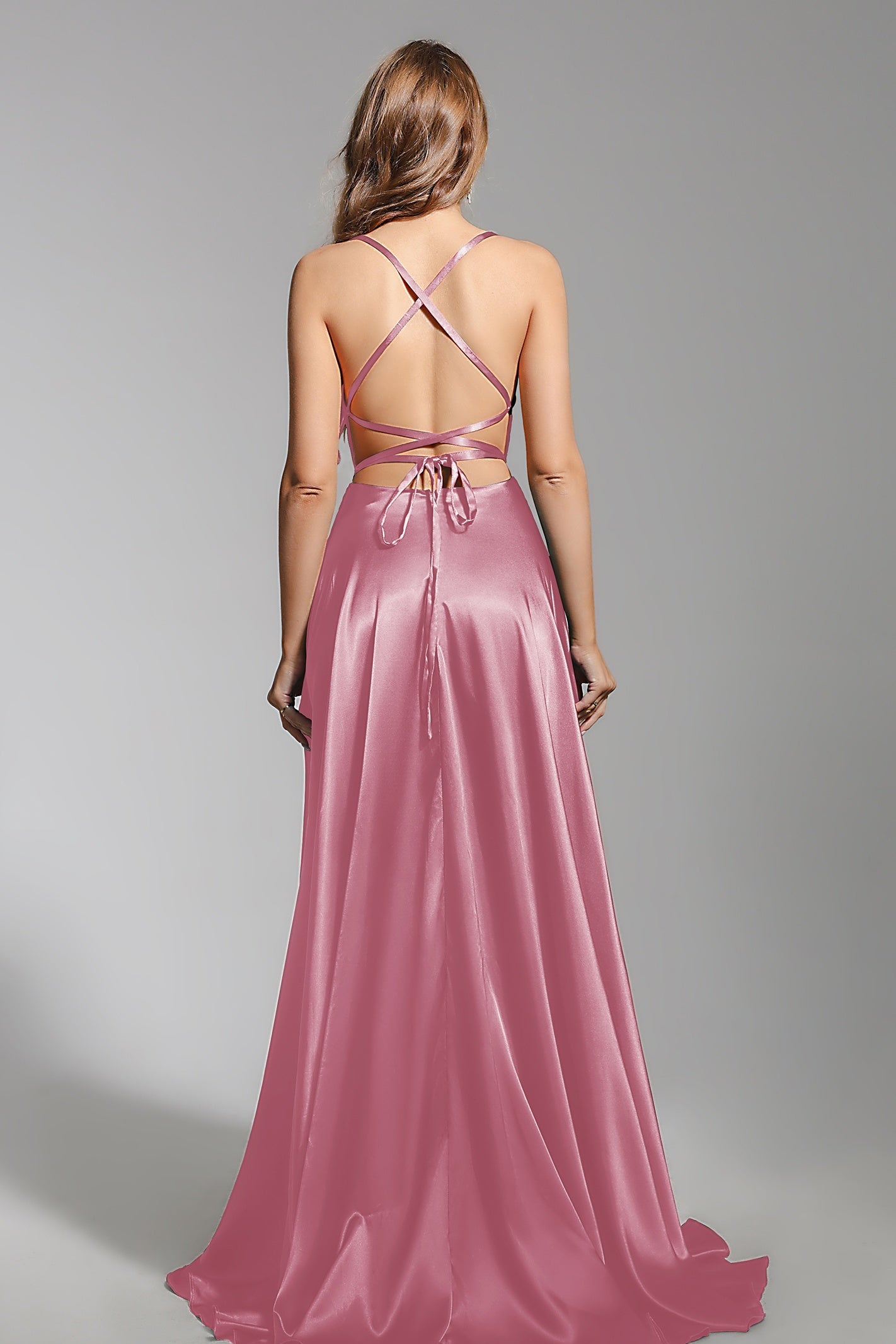 A Line Satin Prom Dress Spaghetti Straps Wedding Guest Dress with Slit