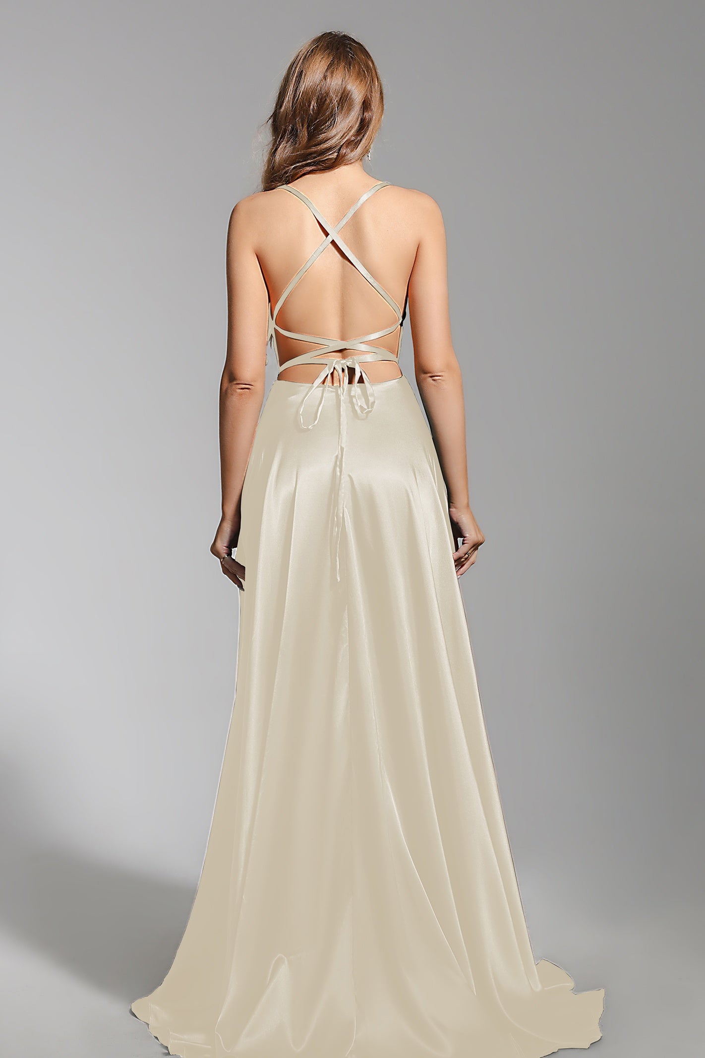 A Line Satin Prom Dress Spaghetti Straps Wedding Guest Dress with Slit