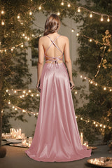 A Line Satin Prom Dress Spaghetti Straps Wedding Guest Dress with Slit