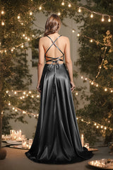 A Line Satin Prom Dress Spaghetti Straps Wedding Guest Dress with Slit