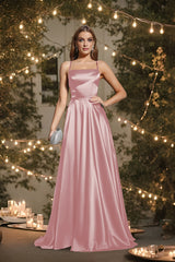 A Line Satin Prom Dress Spaghetti Straps Wedding Guest Dress with Slit