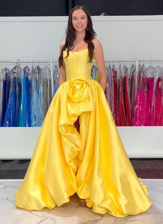 Pink A Line Prom Dress Satin Strapless Long Corset Formal Dress With 3D Flower