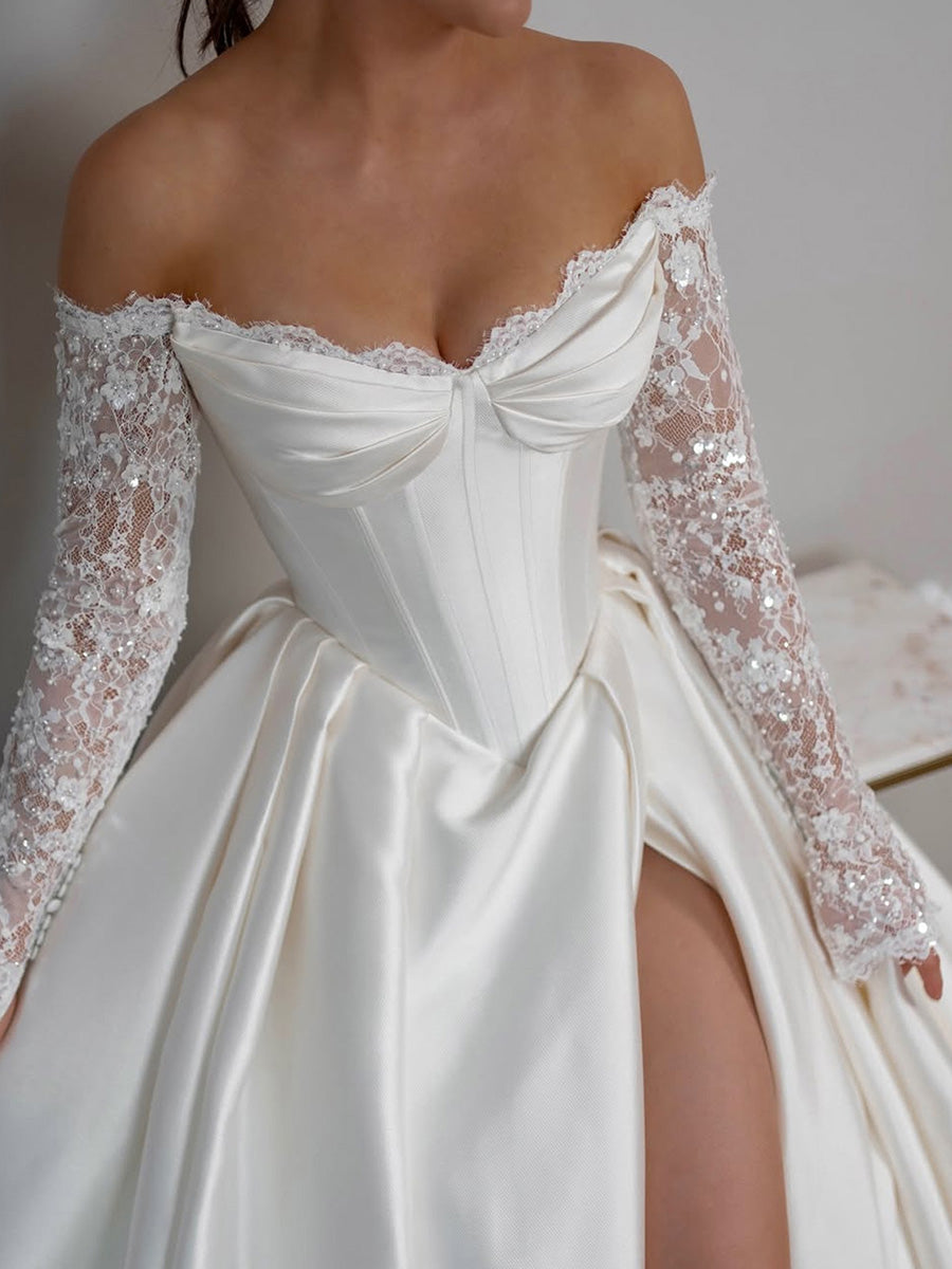 A-Line Satin Wedding Dress with Off-the-Shoulder Lace and Long Sleeves