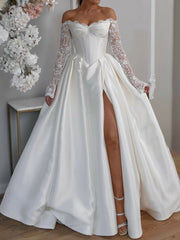 A-Line Satin Wedding Dress with Off-the-Shoulder Lace and Long Sleeves