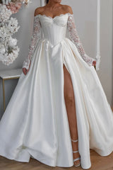 A-Line Satin Wedding Dress with Off-the-Shoulder Lace and Long Sleeves