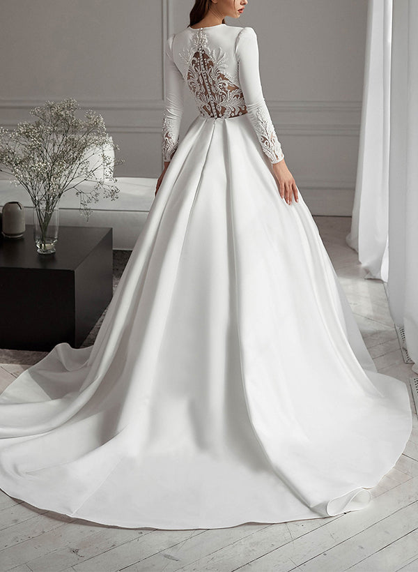 A Line Scoop Neck Long Sleeves Sweep Train Satin Wedding Dress