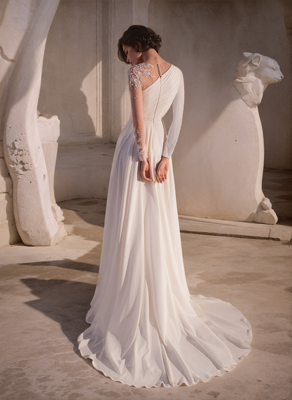 A Line Scoop Neck Long Sleeves Sweep Train Wedding Dress With Front Split