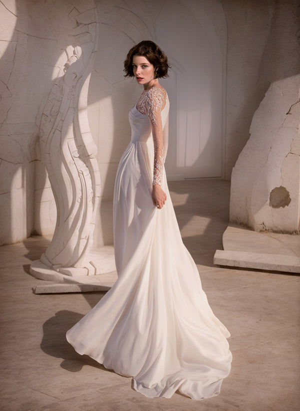A Line Scoop Neck Long Sleeves Sweep Train Wedding Dress With Front Split