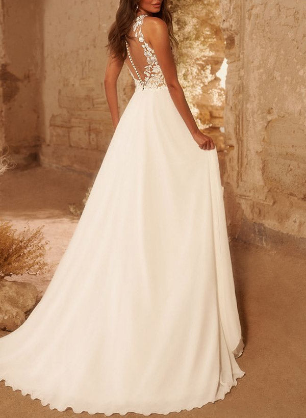 A Line Scoop Neck Sleeveless Lace Wedding Dress With Appliques Lace