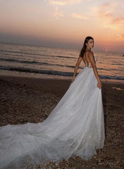 A Line Scoop Neck Sweep Train Tulle Wedding Dress With Appliques Lace