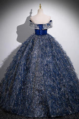 A Line Shiny Sequin Blue Prom Dress Long Formal Evening Dress