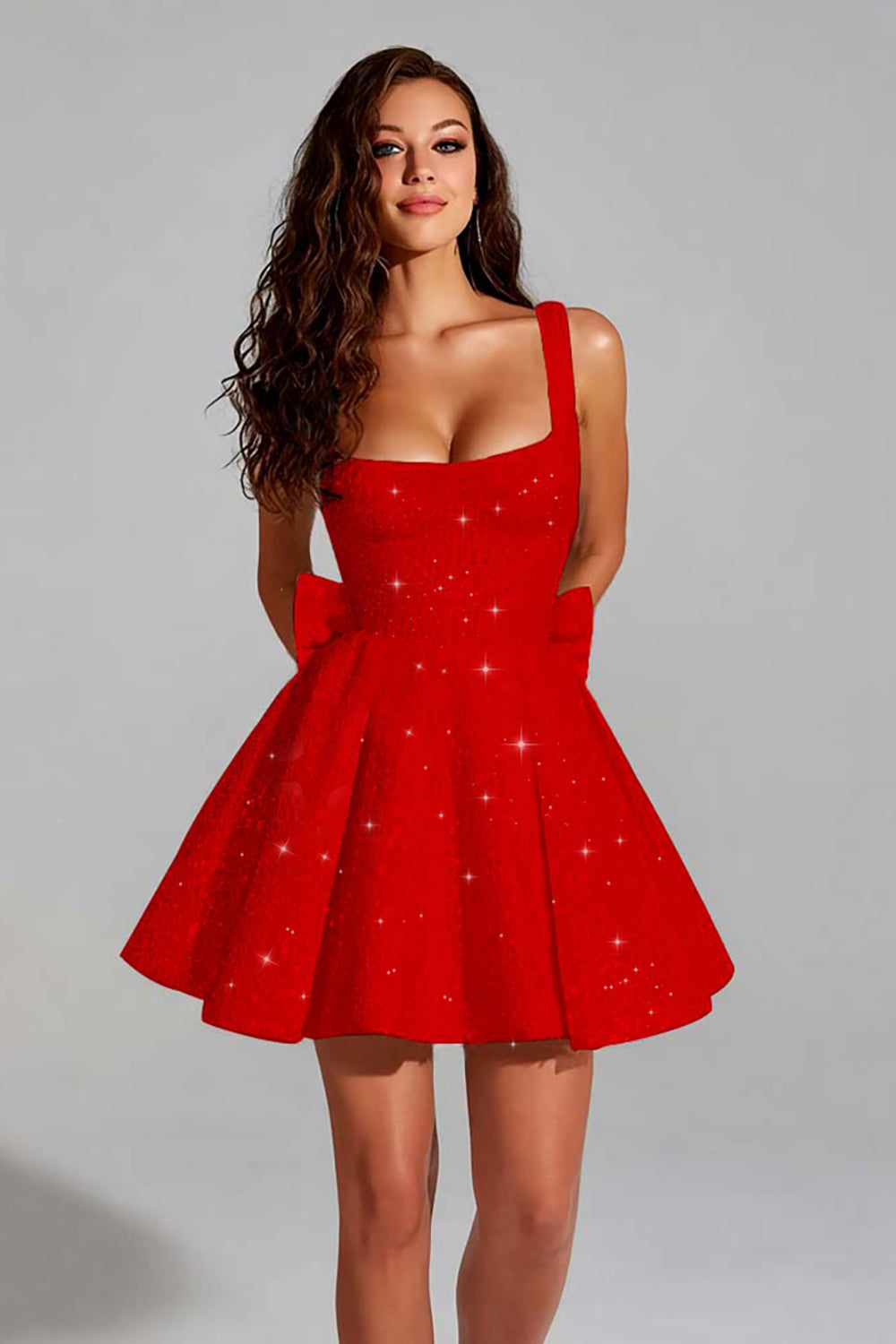 A Line Short Homecoming Dress Square Neck Mini Cocktail Dress with Bow