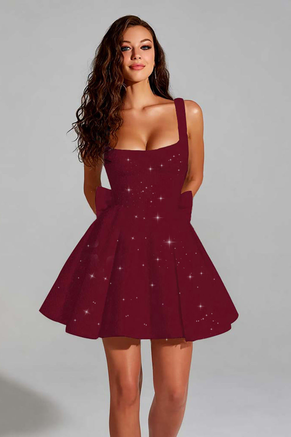 A Line Short Homecoming Dress Square Neck Mini Cocktail Dress with Bow