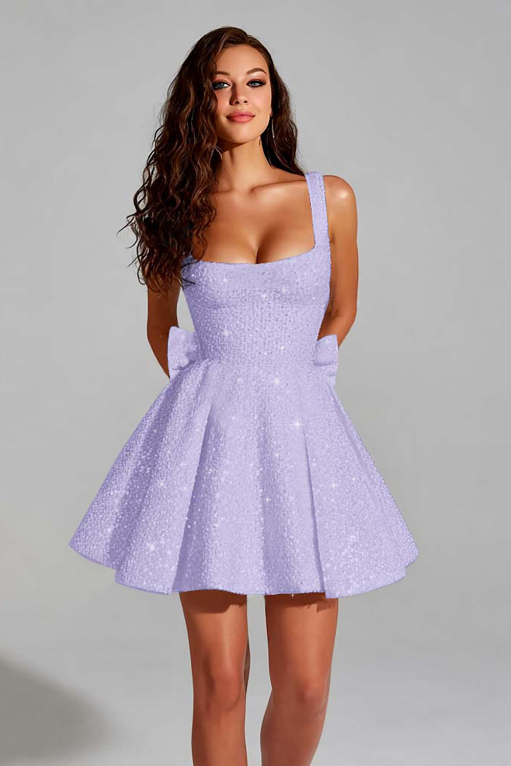 A Line Short Homecoming Dress Square Neck Mini Cocktail Dress with Bow