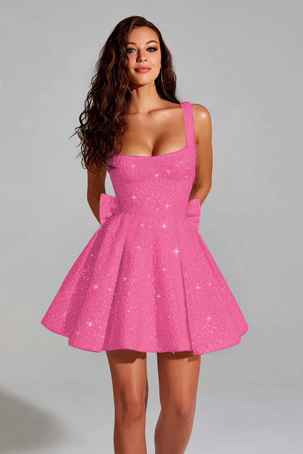 A Line Short Homecoming Dress Square Neck Mini Cocktail Dress with Bow