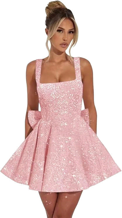 A Line Short Homecoming Dress Square Neck Mini Cocktail Dress with Bow