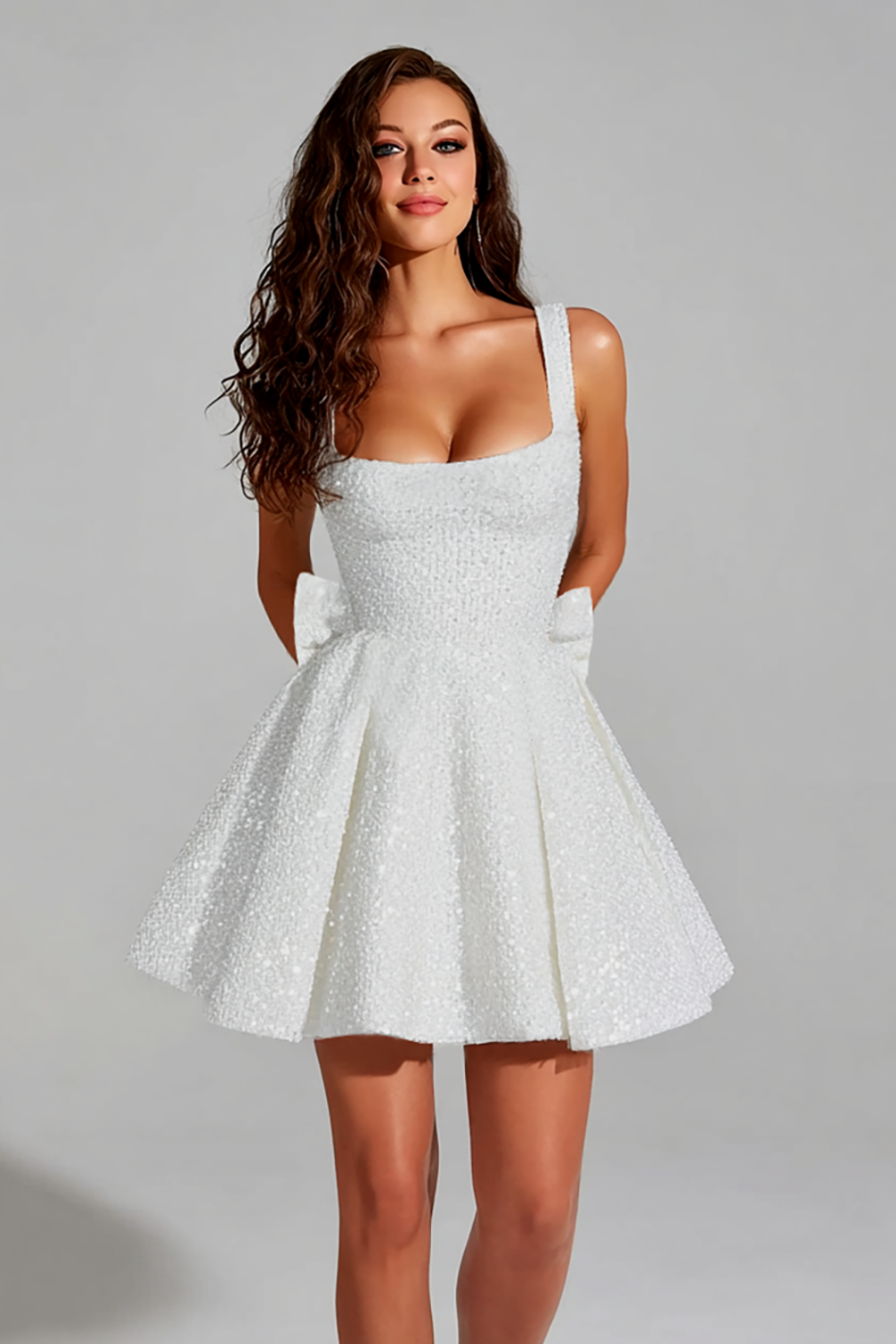 A Line Short Homecoming Dress Square Neck Mini Cocktail Dress with Bow