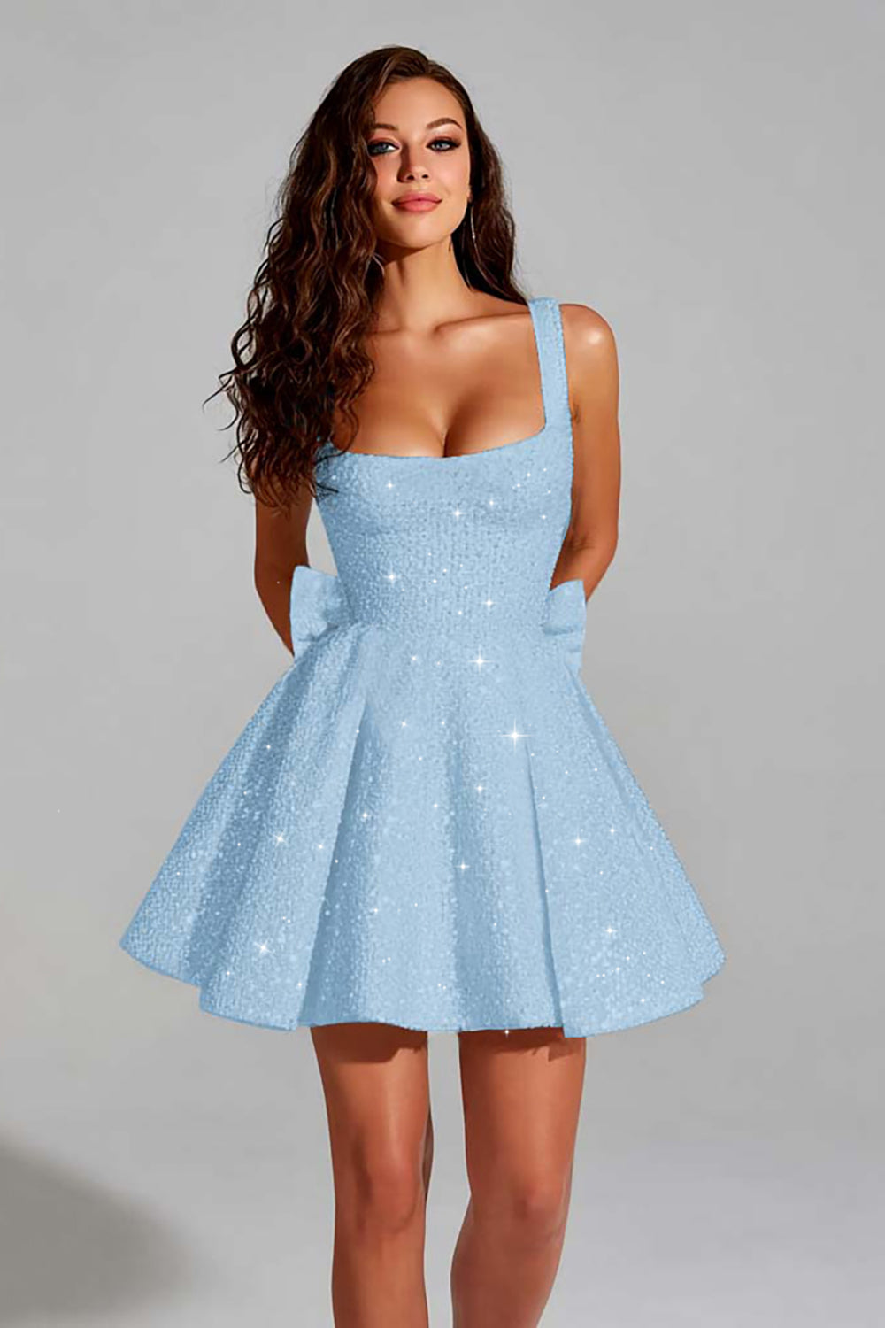 A Line Short Homecoming Dress Square Neck Mini Cocktail Dress with Bow